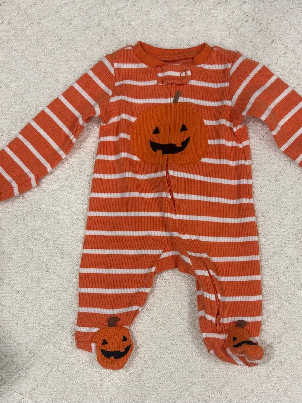 Pumpkin Face Infant Bodysuit with Green Collar & Pumpkin Stripe Footed Sleeper